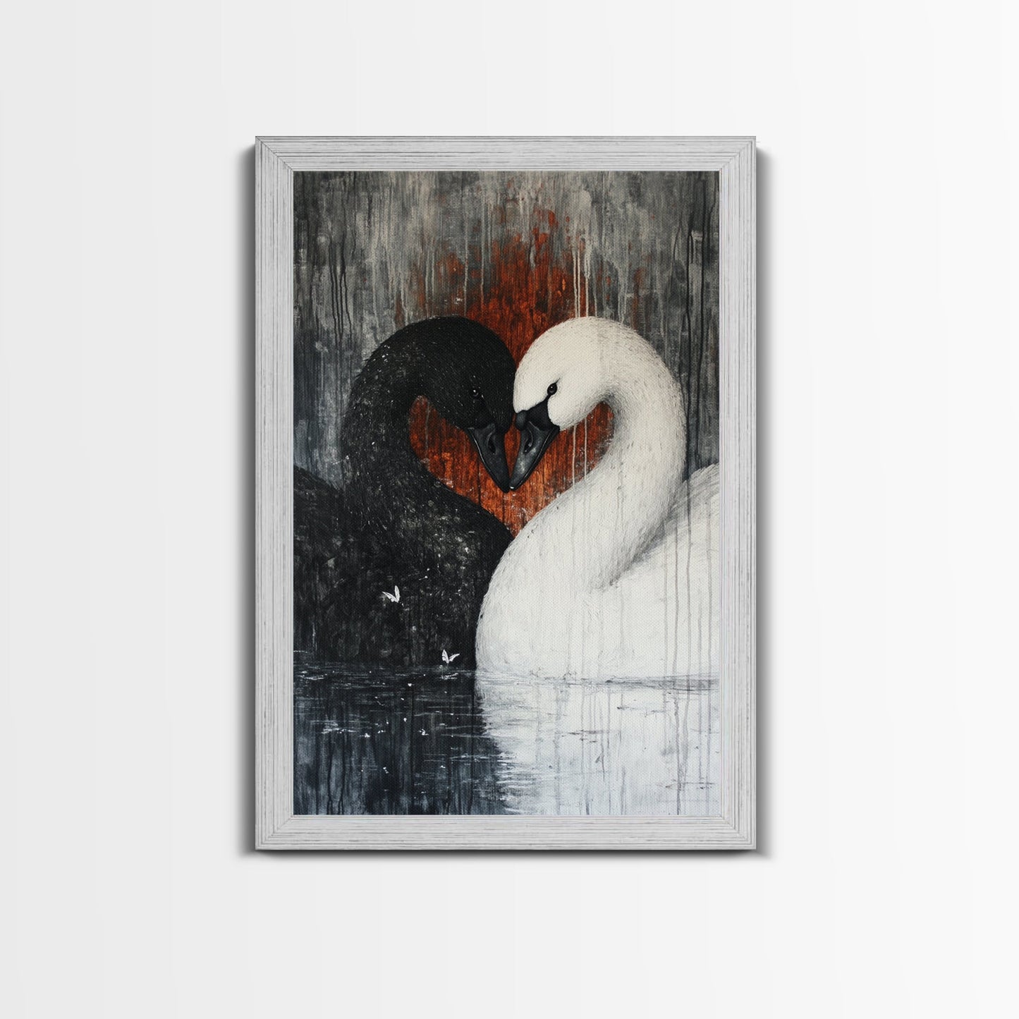Two Swans in Love, Framed Canvas Print, Goth Decor, Wedding Gift Idea, Engagement Gift, Gift For Couples, Swan Painting, Swan Art