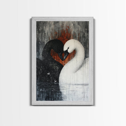 Two Swans in Love, Framed Canvas Print, Goth Decor, Wedding Gift Idea, Engagement Gift, Gift For Couples, Swan Painting, Swan Art