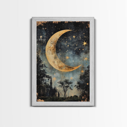 Mystical Moon Painting Print, Folk Art Canvas Print, Eerie Atmospheric Wall Art, Subdued and Moody Home Decor, Crescent Moon Painting