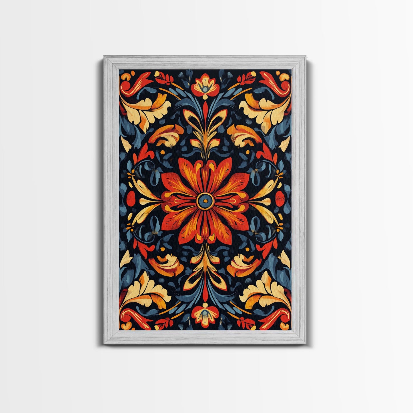 Botanical Floral Tile Pattern Framed Canvas Print, Southwestern Decor, Modern Farmhouse, Pueblo Style Art, Mexicano Chicano Art