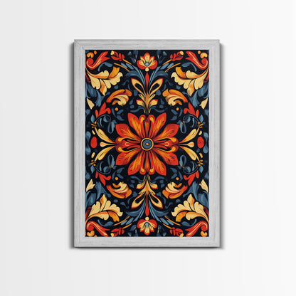 Botanical Floral Tile Pattern Framed Canvas Print, Southwestern Decor, Modern Farmhouse, Pueblo Style Art, Mexicano Chicano Art