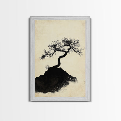 Black and White Charcoal Sketch Print of a Bonzai Tree, Framed Canvas Print, Wabi Sabi Art, Wabi Sabi Painting, Minimalist Home Decor