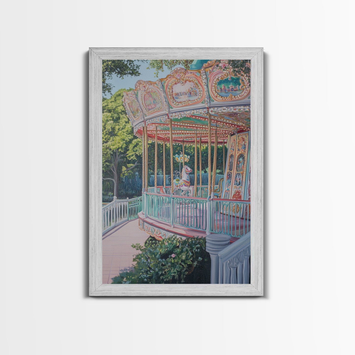 Nursery Decor Framed Canvas Print, Wall Decor for Girl's Room, Carrousel Oil Painting, Oil Painting of a Carrousel