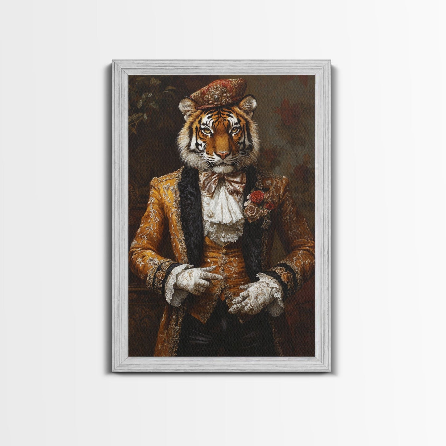 The Dapper Tiger Gentleman Portrait Framed Canvas Print, Whimsical Home Decor, Eclectic Decor, Kitsch Wall Art, Preppy Wall Art, Glam Decor