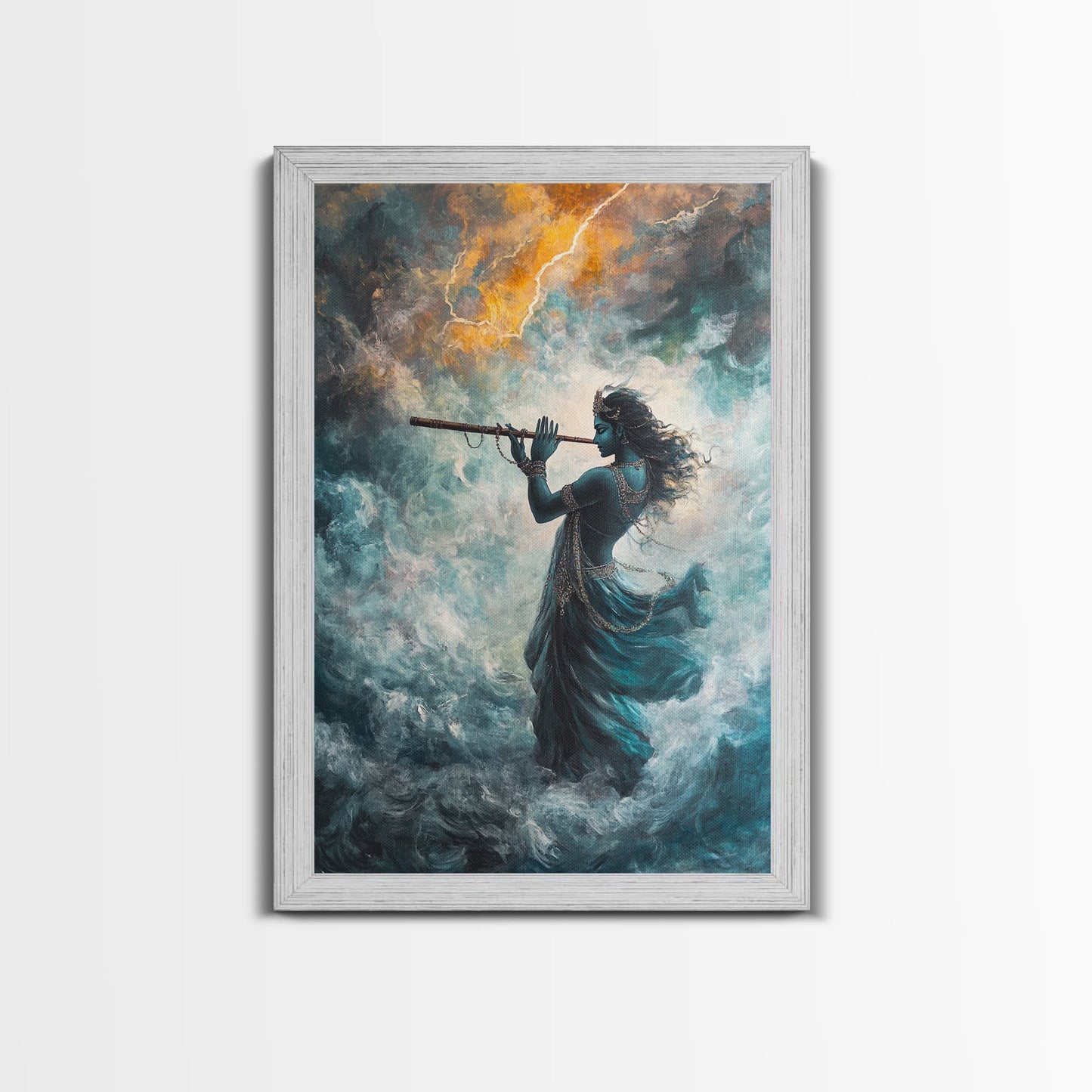 Hindu Art, Radha Krishna Playing Flute Painting Print, Hinduism Wall Art Wood Framed Canvas Print