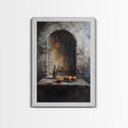 Medieval Kitchen Wall Art, Rustic Home Decor, Framed Canvas Print, Kitchen Home Decor, Dining Room Wall Art, Wine and Fruit Still Life Painting