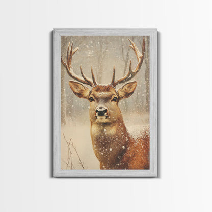 Portrait of a Deer in Winter, Framed Canvas print, Winter Decor, Winter Not Christmas Wall Art, Seasonal Decor