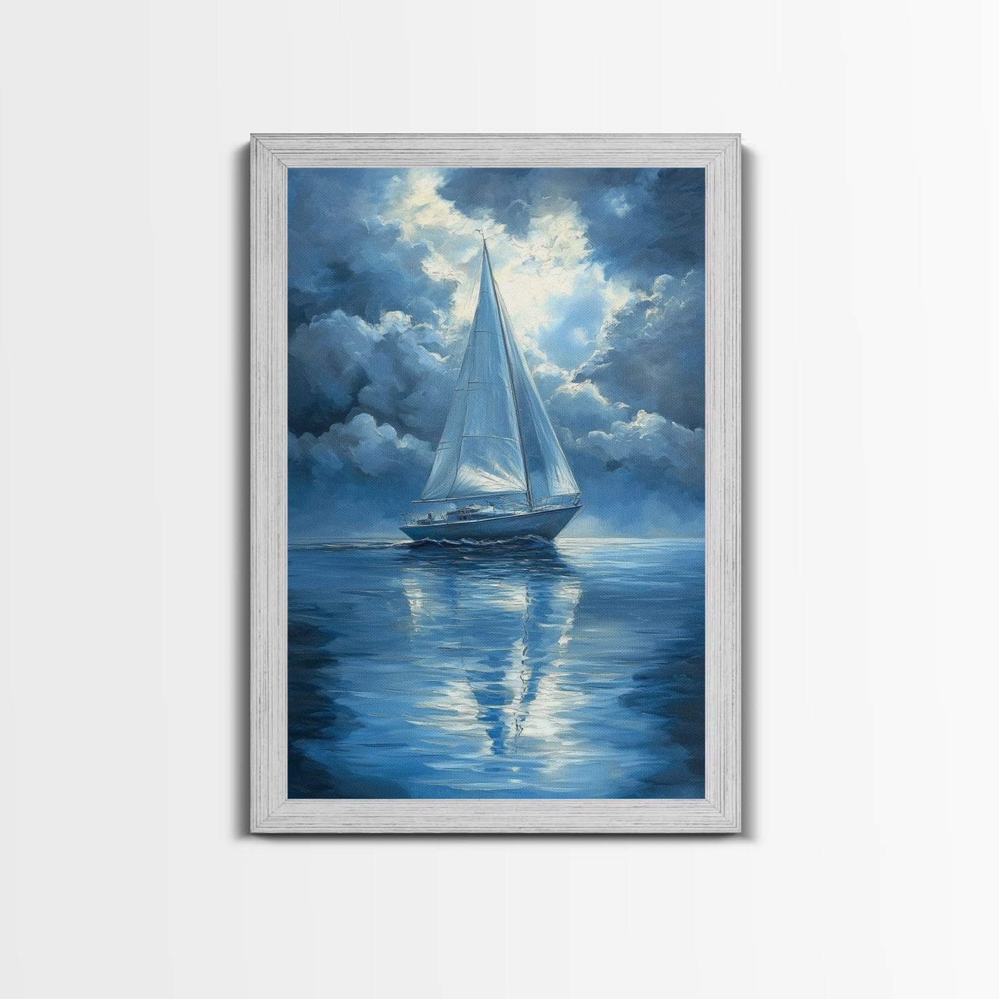 Reflections of a Sail Boat under a Full Moon Framed Canvas Print, Nautical Decor, Sail Boat Oil painting, Sailboat Painting, Nautical Home Decor