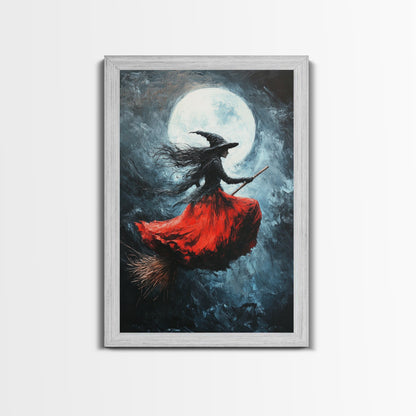 The Witch Rides her Broom under a full moon - Framed Canvas Print - Witchy Decor - Witch Painting - Halloween Wall Art