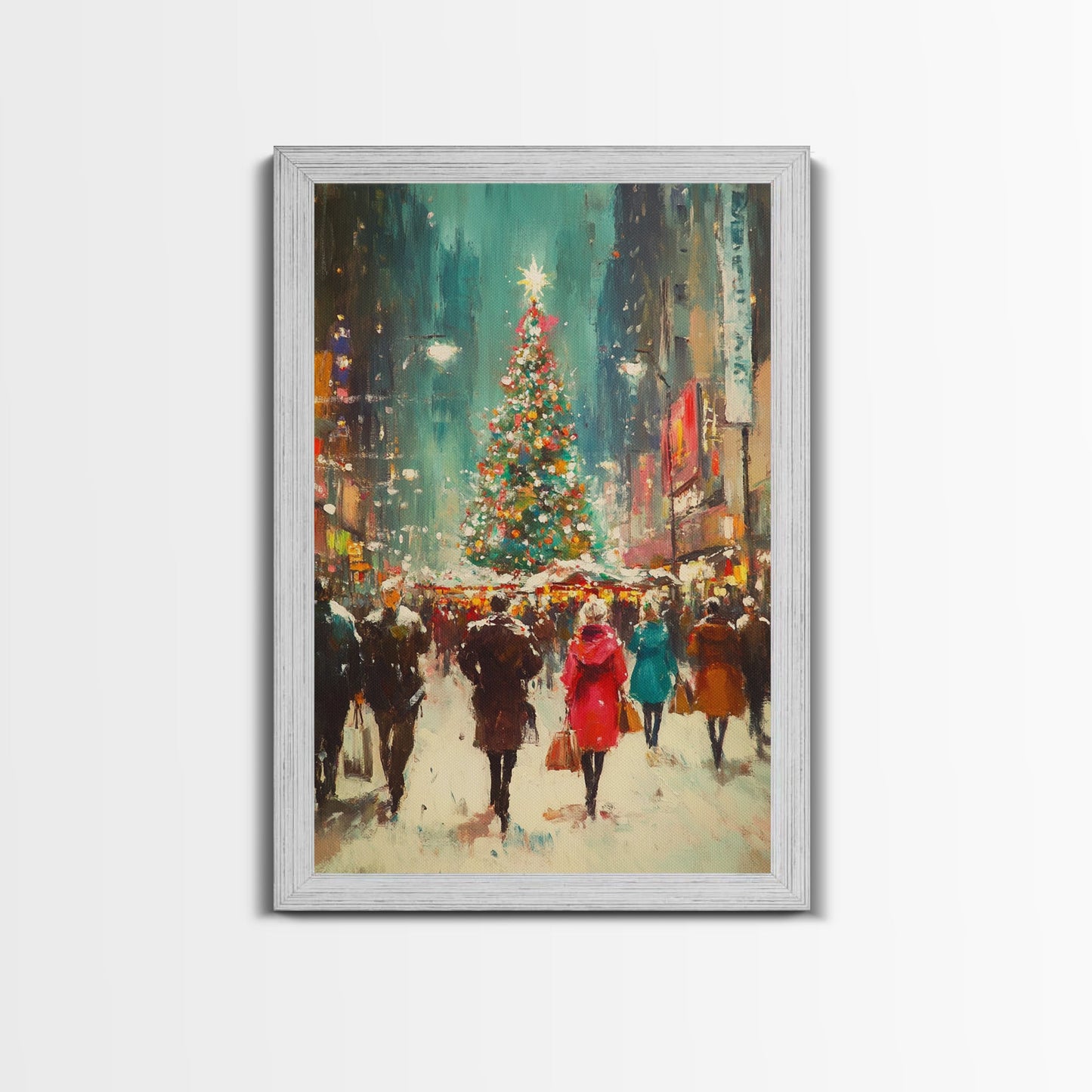 Christmas on The Town Square Framed Canvas Print, Wood Framed Christmas Decor, Holiday Mantle Art, Christmas Centerpiece Wall Art