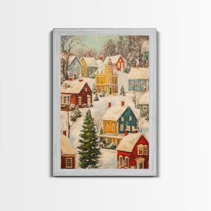 Retro Christmas Village Wall Art For Above Mantle, Framed Canvas Print, Christmas Home Decor, Christmas Wall Art, Christmas Postcard Art