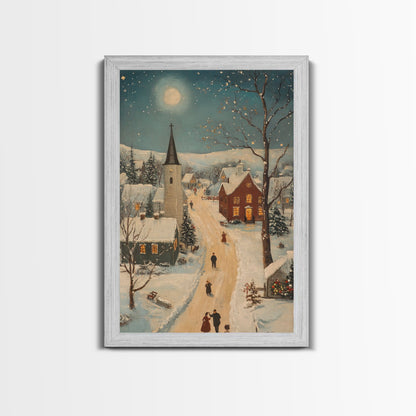 Full Moon on Christmas Even, Framed Canvas Print, Vintage Christmas Oil Painting Print, Christmas Village Wall Art, Christmas Sign, Christmas Art