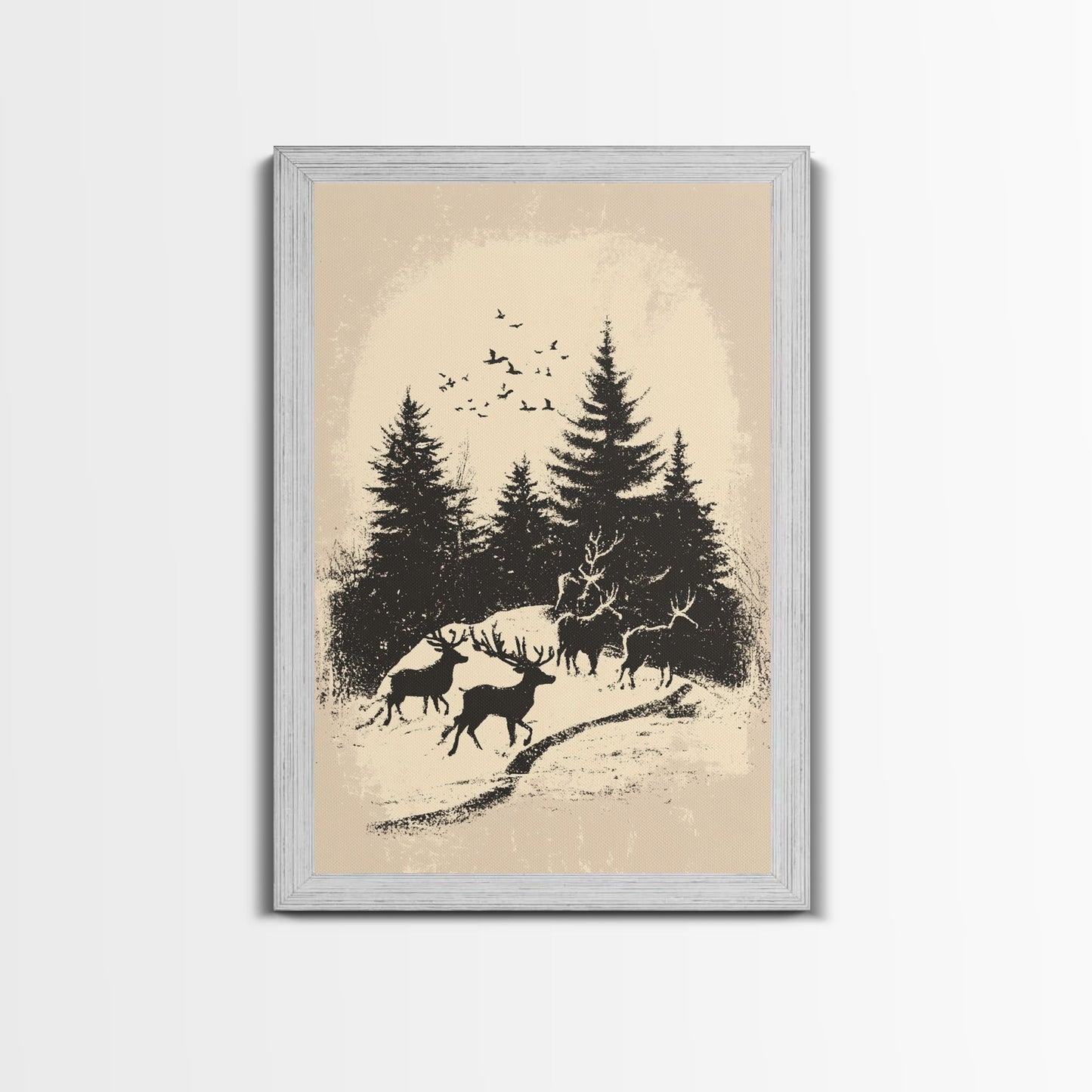 Sketch of Reindeer In The Snow Canvas Print - Framed Canvas - Minimalist Christmas Art - Boho Christmas Art - Rustic Christmas Art