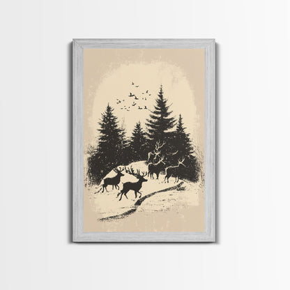 Sketch of Reindeer In The Snow Canvas Print - Framed Canvas - Minimalist Christmas Art - Boho Christmas Art - Rustic Christmas Art