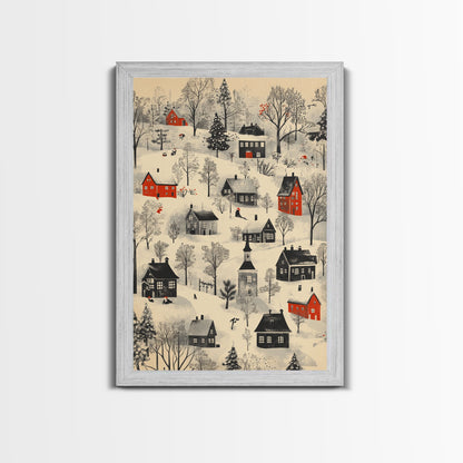 Sketch of a Christmas Village Canvas Print - Framed Canvas - Minimalist Christmas Art - Boho Christmas Art - Rustic Christmas Art