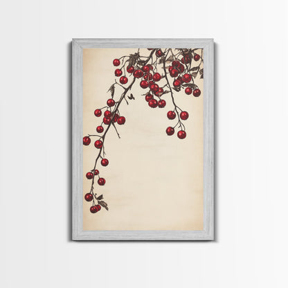 Red Holly Berries Canvas Print - Framed Canvas - Minimalist Christmas Art - Boho Christmas Art - Rustic Christmas Art