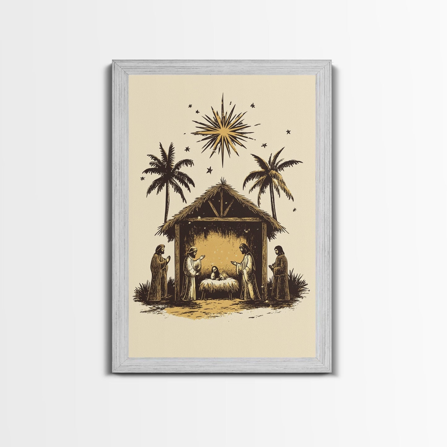 Vintage Nativity Scene Canvas Print - Framed Canvas - Minimalist Christmas Art - Boho Christmas Art - Rustic Christmas Art