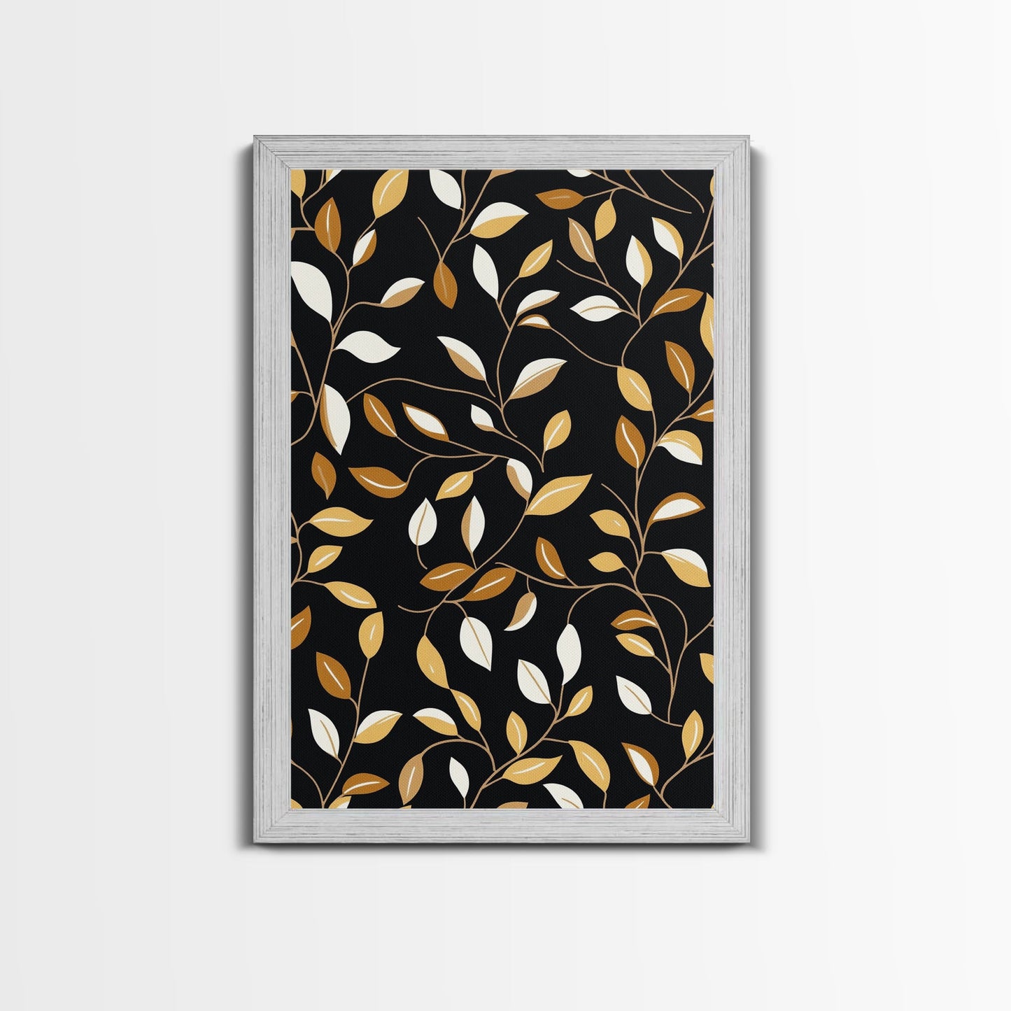 Ivy Leaves Framed Canvas Print, Mid Century Modern Pattern art, Botanical Print, Botanical Wall Art, Black Background