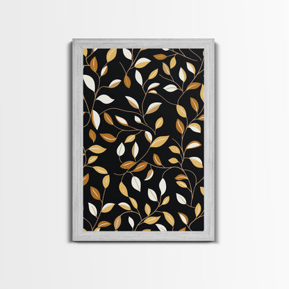 Ivy Leaves Framed Canvas Print, Mid Century Modern Pattern art, Botanical Print, Botanical Wall Art, Black Background