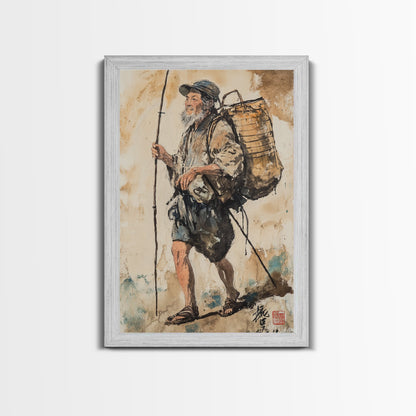 Japanese Fisherman Painting Print, Wabi Sabi Wall Art, Japanese Style Home Decor, Japanese Wood Block Print Style Art