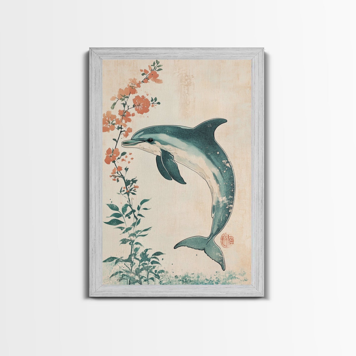 Cherry Blossoms and Dolphins, Framed Canvas Print, Home Decor, Wabi Sabi Dolphin Painting, Minimalist Decor, Living Room Art, Bedroom Art