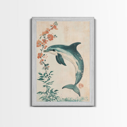 Cherry Blossoms and Dolphins, Framed Canvas Print, Home Decor, Wabi Sabi Dolphin Painting, Minimalist Decor, Living Room Art, Bedroom Art