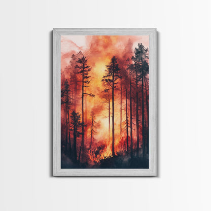 Ready to Hang Watercolor Painting Print of a Forest Fire, Beautiful Wall Art, Forest Fire Natural Disaster Wall Art, California Wall Art