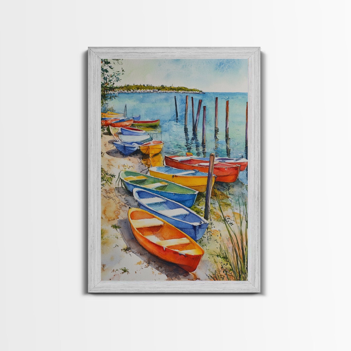 Kayaks On The Ocean Framed Canvas Print, Maine Painting, Coastal Decor, Cute Coastal Wall Art, Preppy Decor, Coastal Landscape Painting