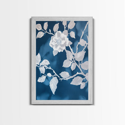 White Flowers on Blue Background Framed Canvas Print, Chinoiserie Wall Art, Boho Decor, Minimalist Wall Art, Boho Home Decor
