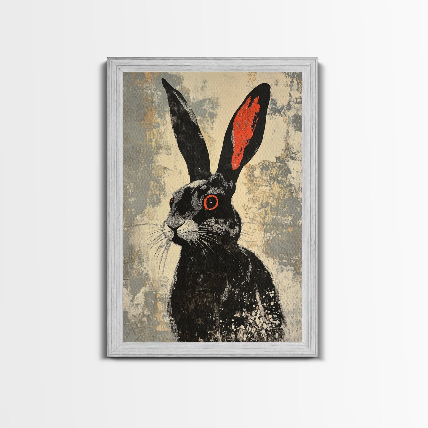 The Black Bunny, Framed Canvas Print Ready To Hang, Bunny Rabbit Art, Rabbit Painting, Minimalist Japanese Style Art