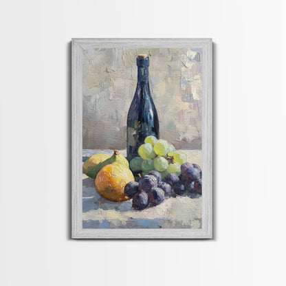 Still Life Of Grapes and Wine, Framed Canvas Print, Antique Style Fruit Still Life Oil Painting Print, Kitchen Decor, Rustic Farmhouse Kitchen Art