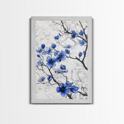Wabi Sabi Wall Art Framed Canvas Print, Chinoiserie Wall Art, Chinoiserie Style Home Decor, Blue Flower Floral Print Wall Decor