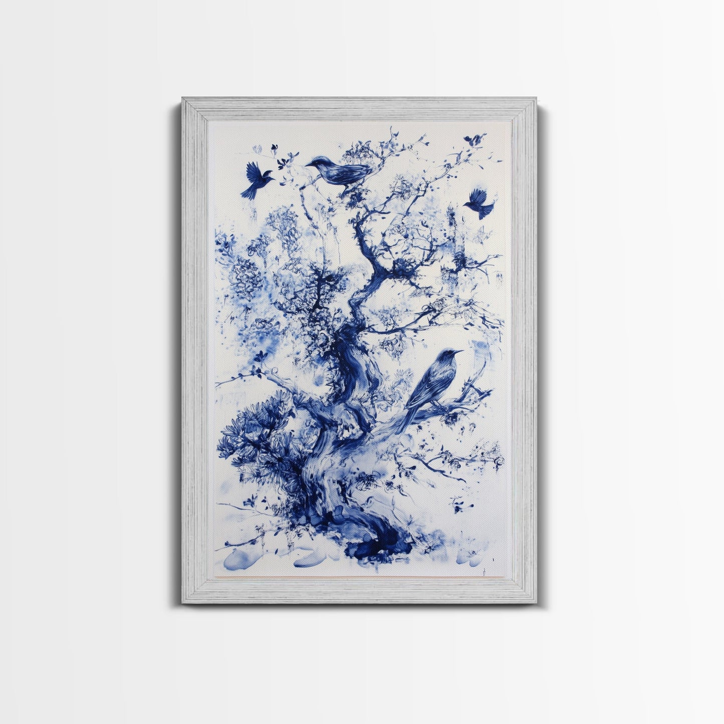 Chinoiserie Wall Art Framed Canvas Print, Blue Tree and Birds, Botanical Print, Birdwatcher Gift Idea, Chinoiserie Style Painting