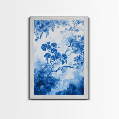 Blue Roses Chinoiserie Style Painting Print, Living Room Decor, Chinoiserie Wall Art, Chinoiserie Decor, Living Room Wall Art
