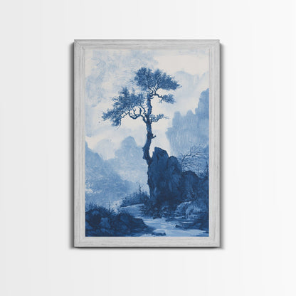 Chinoiserie Wall Art, Chinoiserie Style Canvas Print, Chinoiserie Blue Painting, Retro Boho Style Minimalist Wall Art, Blue Painting