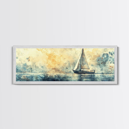 Sailboat on a Calm Sea Framed Canvas Print, Nautical Home Decor, Nautical Landscape Painting, Beach Decor, Abstract Wall Art