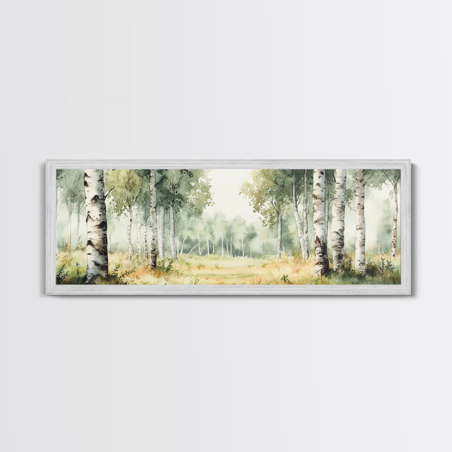 Silver Birch Trees in Spring Panoramic Canvas Print, Panoramic Painting, Aspen Trees Painting, Forest Landscape Horizontal Wall Art
