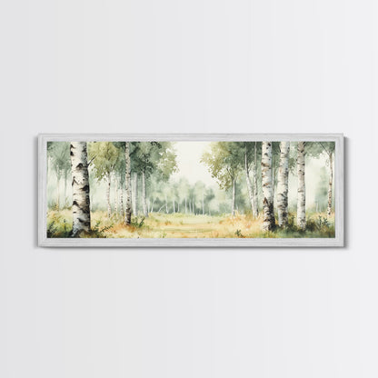 Silver Birch Trees in Spring Panoramic Canvas Print, Panoramic Painting, Aspen Trees Painting, Forest Landscape Horizontal Wall Art