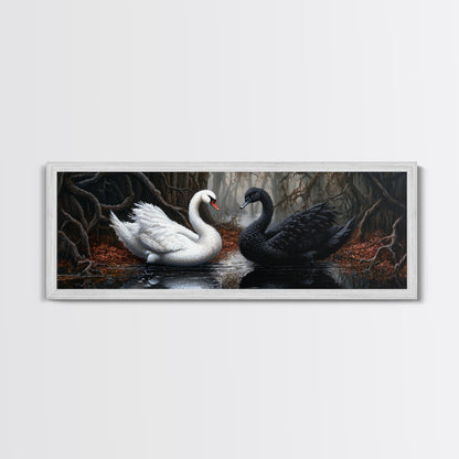 Black and White Swan Form  A Heart, Framed Canvas Print, Swan Painting, Black Swan Art, Dark Romance, Panoramic Art, Gothic Art