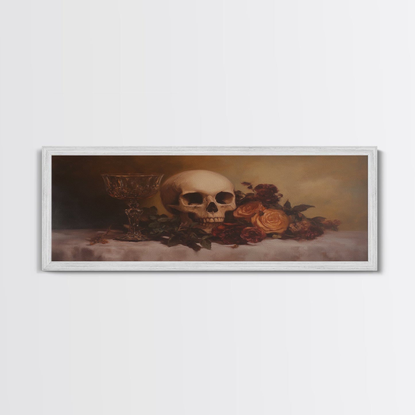 Skull and Flowers Canvas Print, Panoramic Goth Art, Extra Wide Wall Art, Goth Home Decor, Wide Art, Gothic Dark Academia Witchy Wall Art