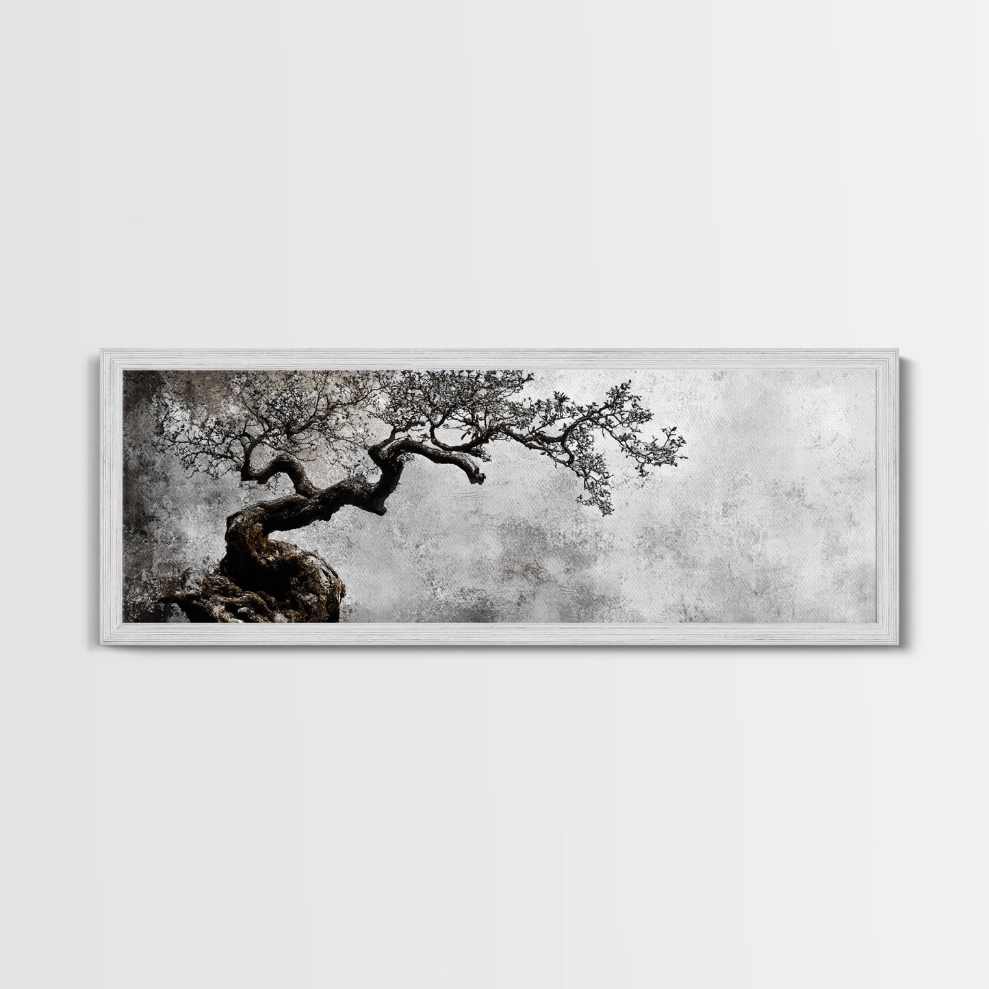 Black and White Bonzai Tree Framed Canvas Print, Wabi Sabi Japanese Style Home Decor, Minimalist Art, Moody Decor, Moody Art