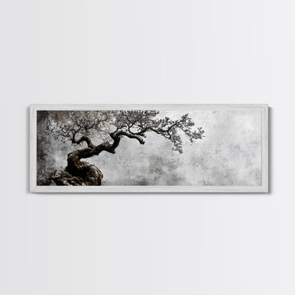 Black and White Bonzai Tree Framed Canvas Print, Wabi Sabi Japanese Style Home Decor, Minimalist Art, Moody Decor, Moody Art