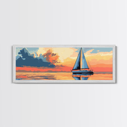 Retro Sailboat Painting Print Framed Canvas - Pop Art Sailboat Painting - Sailboat Wall Art - Nautical Landscape Ocean Painting - Home Decor