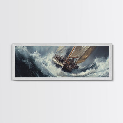 The Storm and the Sailboat Framed Canvas Print - Sailboat Painting - Nautical Decor - Hurricane Painting - Nautical Sailboat Landscape Painting
