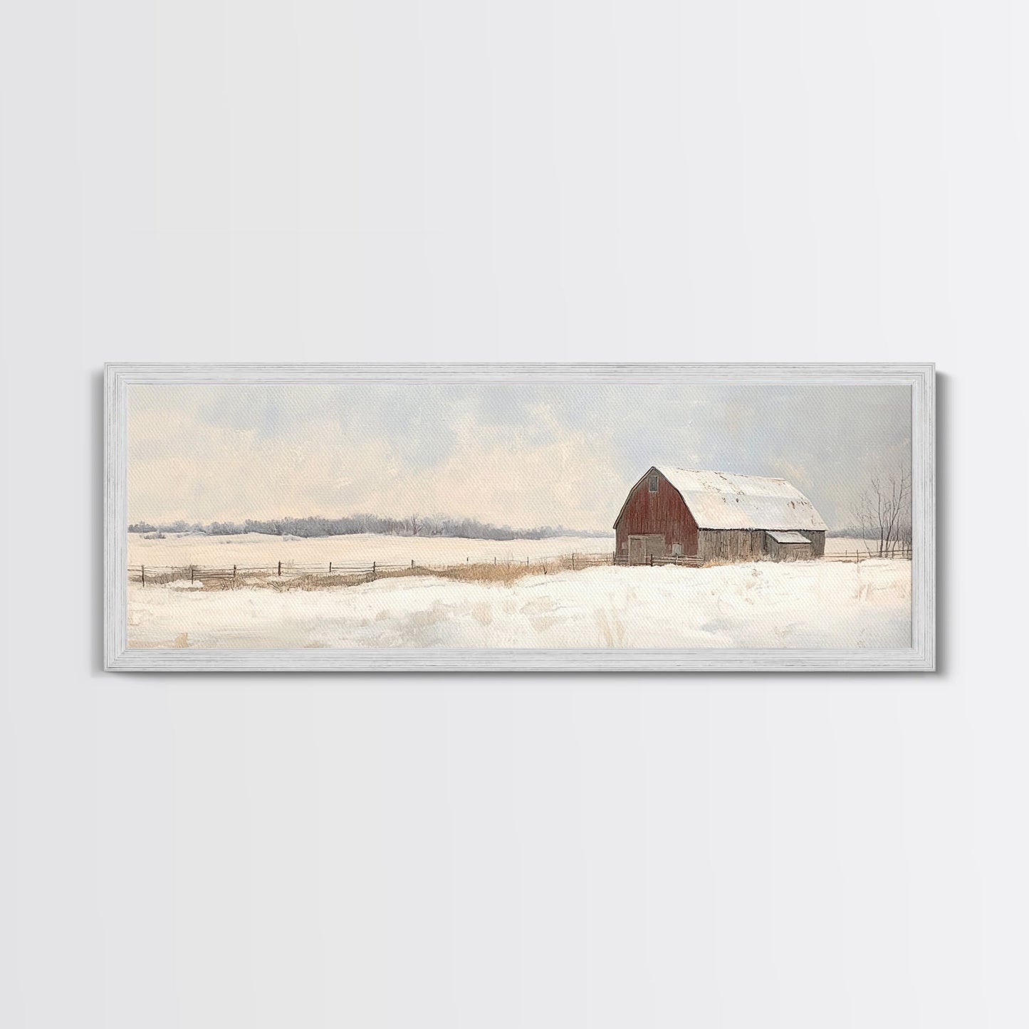 Barn Landscape Oil Painting Print - Retro Farm Wall Art - Village Wall Art - Old Red Barn In Winter - Winter Landscape - Winter Centerpiece Art