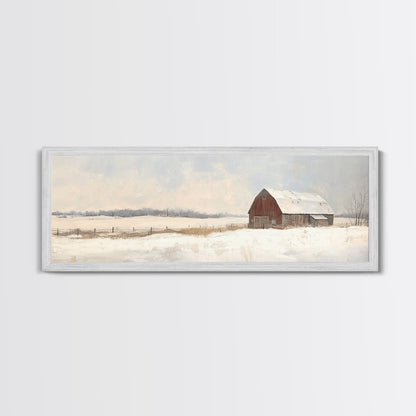 Barn Landscape Oil Painting Print - Retro Farm Wall Art - Village Wall Art - Old Red Barn In Winter - Winter Landscape - Winter Centerpiece Art