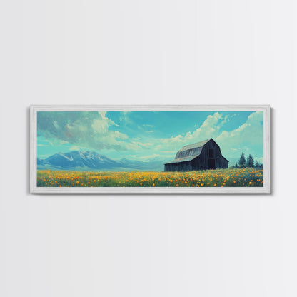 Old Barn In The Spring, Framed Canvas Print, Rustic Farmhouse Decor, Modern Farmhouse, Barn in Field of Wild Flowers, Farm House Art
