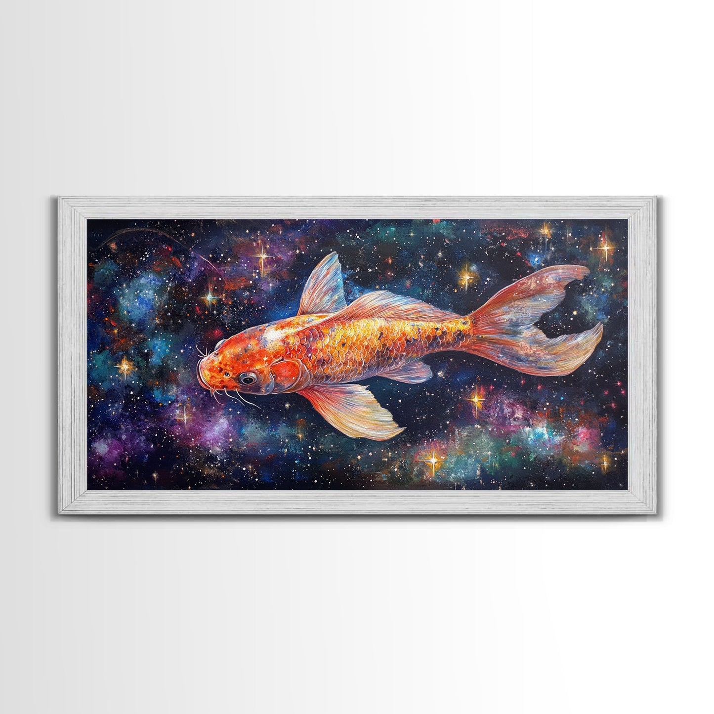 Galactic Koi Fish Framed Canvas Print, Retro Colorful Wall Art, Koi Fish Painting, Koi Wall Art, Space Art, Space Fish Painting