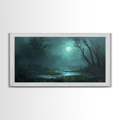 Dark and Moody Wall Art Framed Canvas Print, Oil Painting of a Swamp, Moody Landscape Wall Art