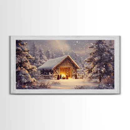 Nativity Scene Framed Canvas Print, Jesus in His Manger, Christmas Wall Art, Christmas Centerpiece Art, Nativity Oil Painting